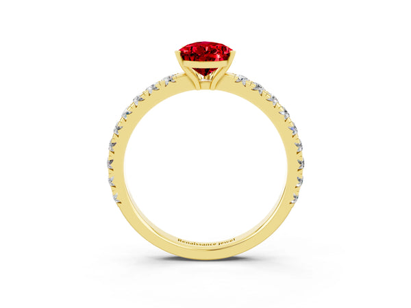 Yellow gold Pear Cut Ruby Pavé Solitaire Engagement Ring with Four-Prong Setting