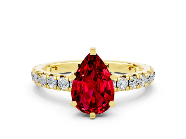 Yellow gold Pear Cut Ruby Pavé Solitaire Ring with Round Band and Prong Setting
