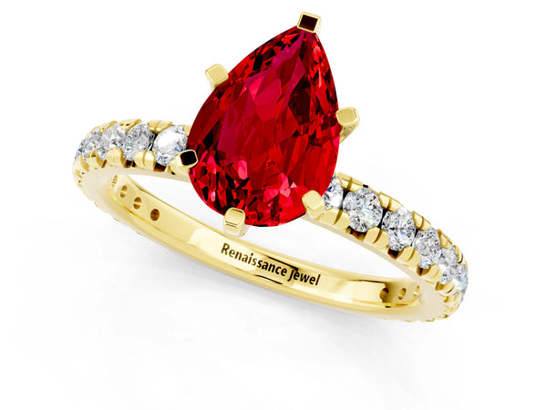 Yellow gold Pear Cut Ruby Pavé Solitaire Ring with Round Band and Prong Setting
