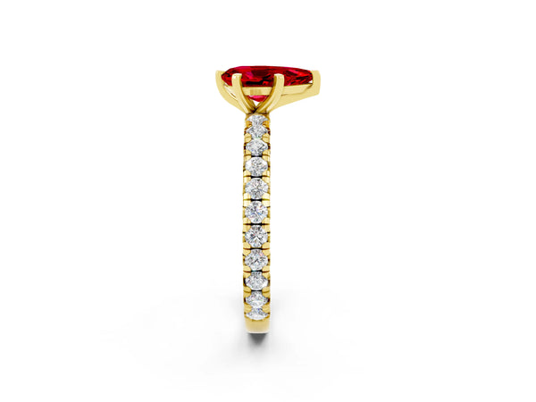 Yellow gold Pear Cut Ruby Pavé Solitaire Ring with Round Band and Prong Setting
