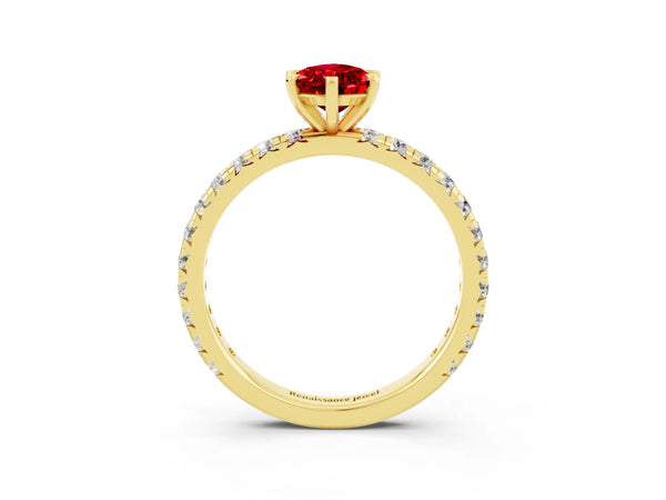 Yellow gold Pear Cut Ruby Pavé Solitaire Ring with Round Band and Prong Setting