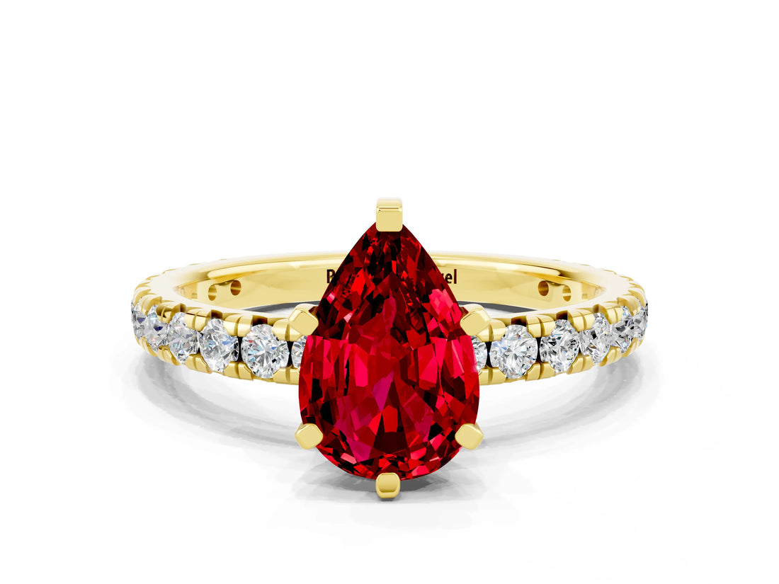 Yellow gold Pear Cut Ruby Pavé Solitaire Ring with Round Band and Prong Setting_24