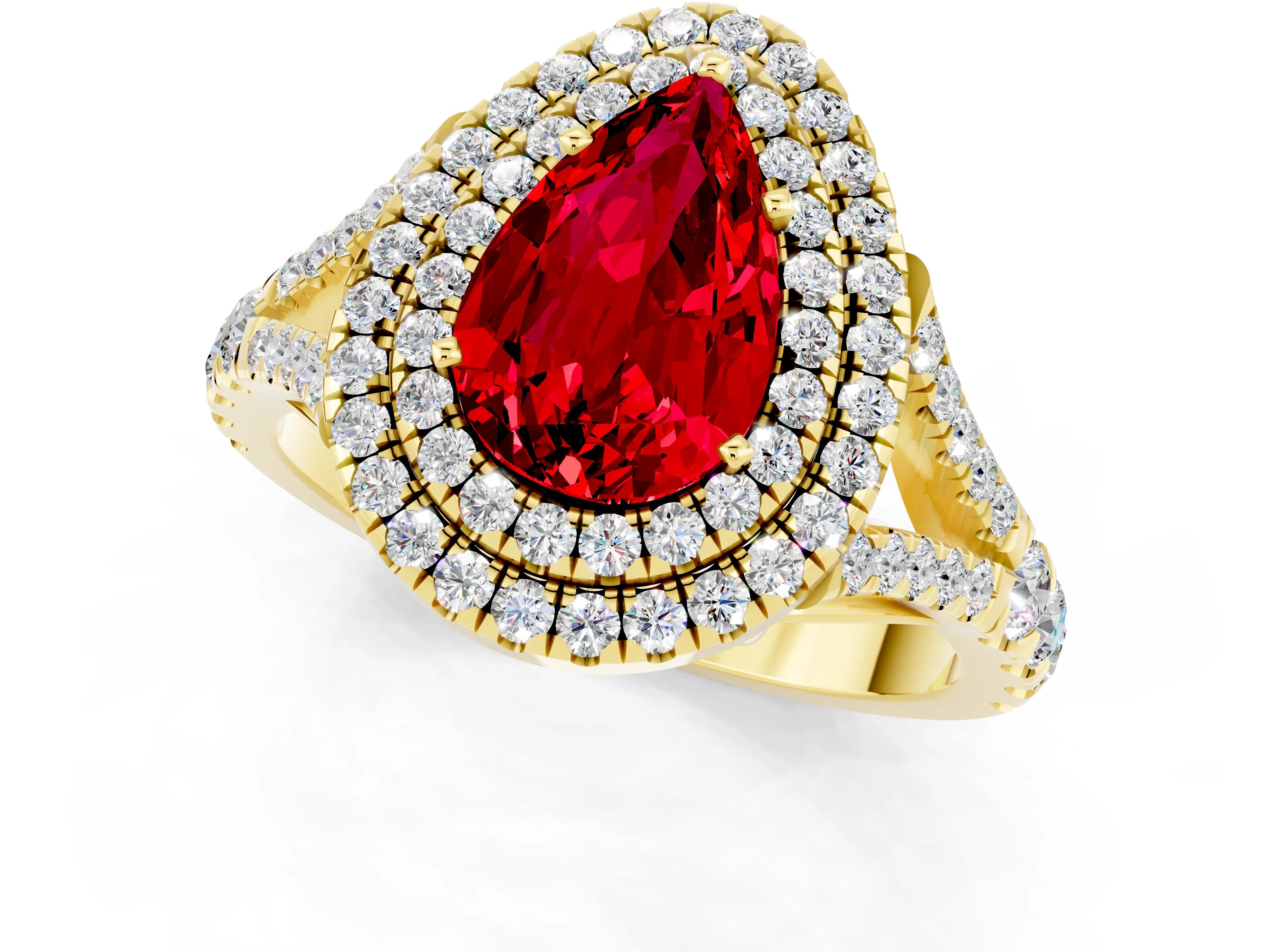 Yellow gold Pear Cut Ruby Pavé Split Shank Double Halo Engagement Ring_10