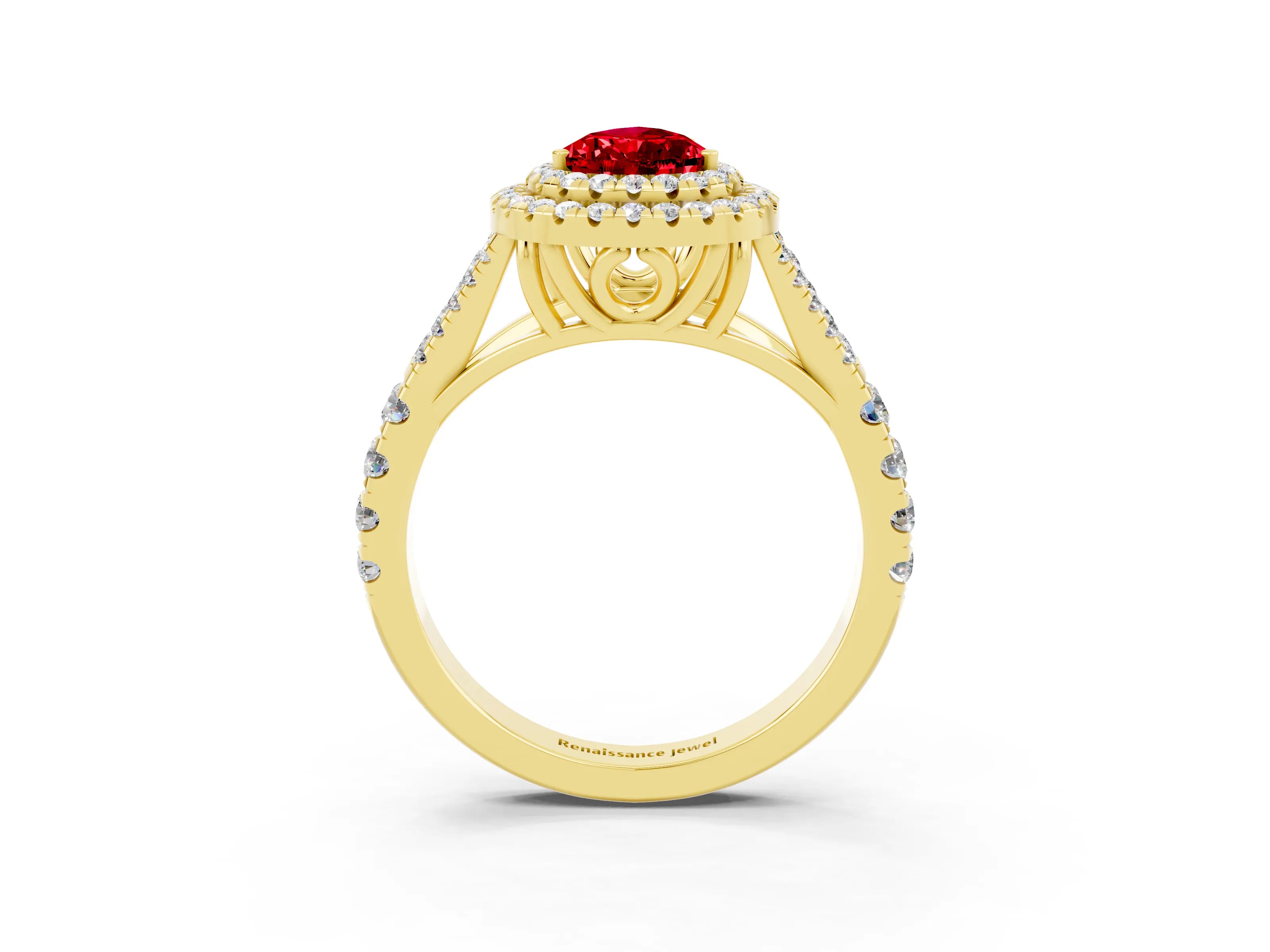 Yellow gold Pear Cut Ruby Pavé Split Shank Double Halo Engagement Ring_12