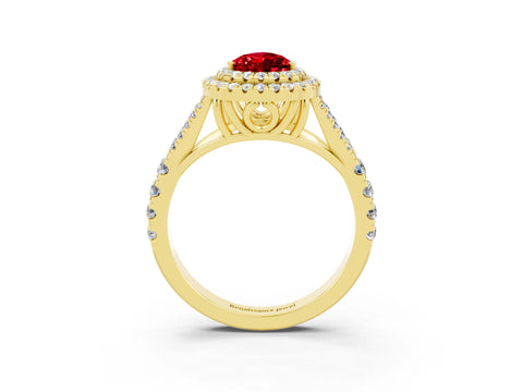 Yellow gold Pear Cut Ruby Pavé Split Shank Double Halo Engagement Ring_12