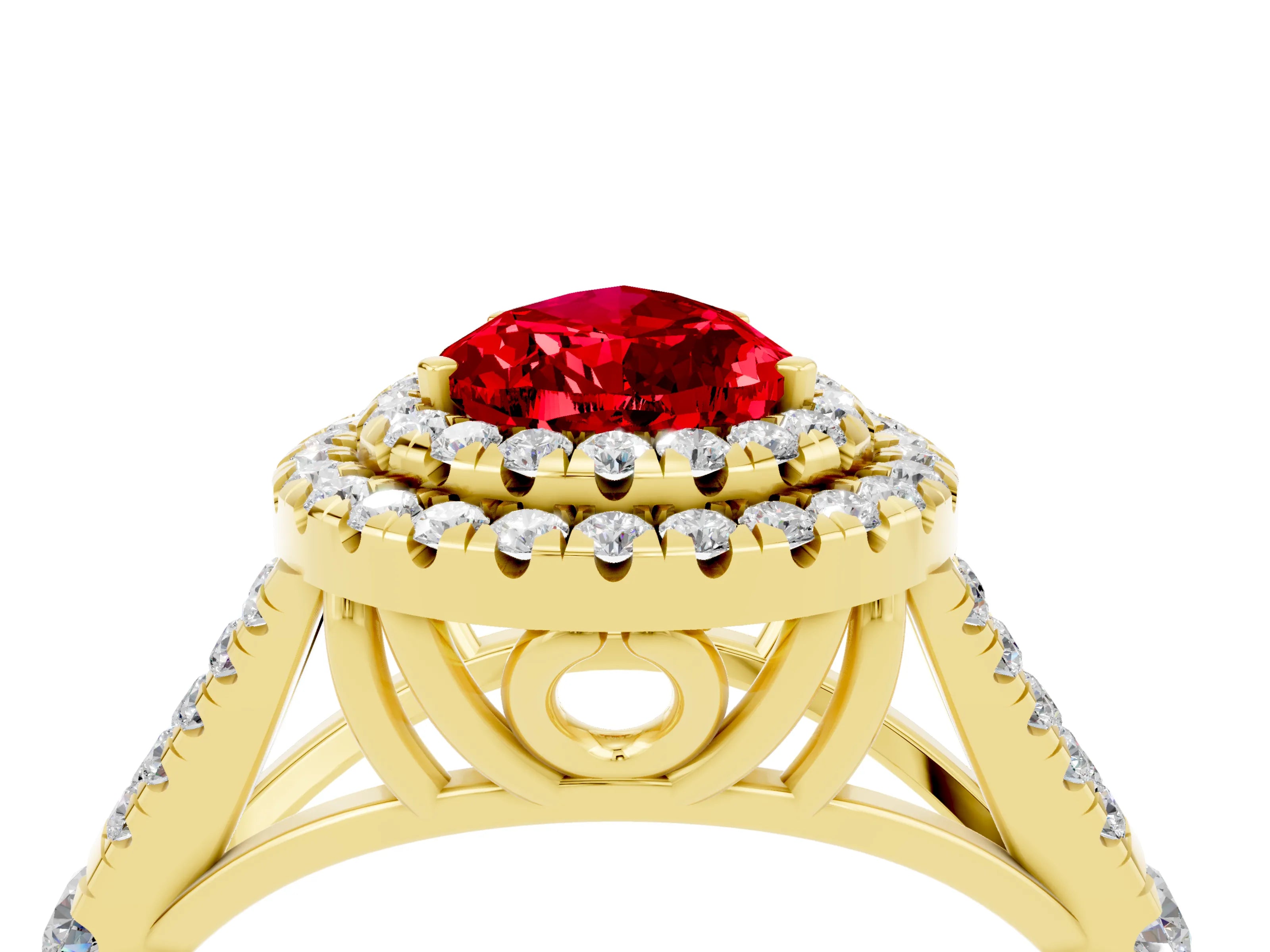 Yellow gold Pear Cut Ruby Pavé Split Shank Double Halo Engagement Ring_13