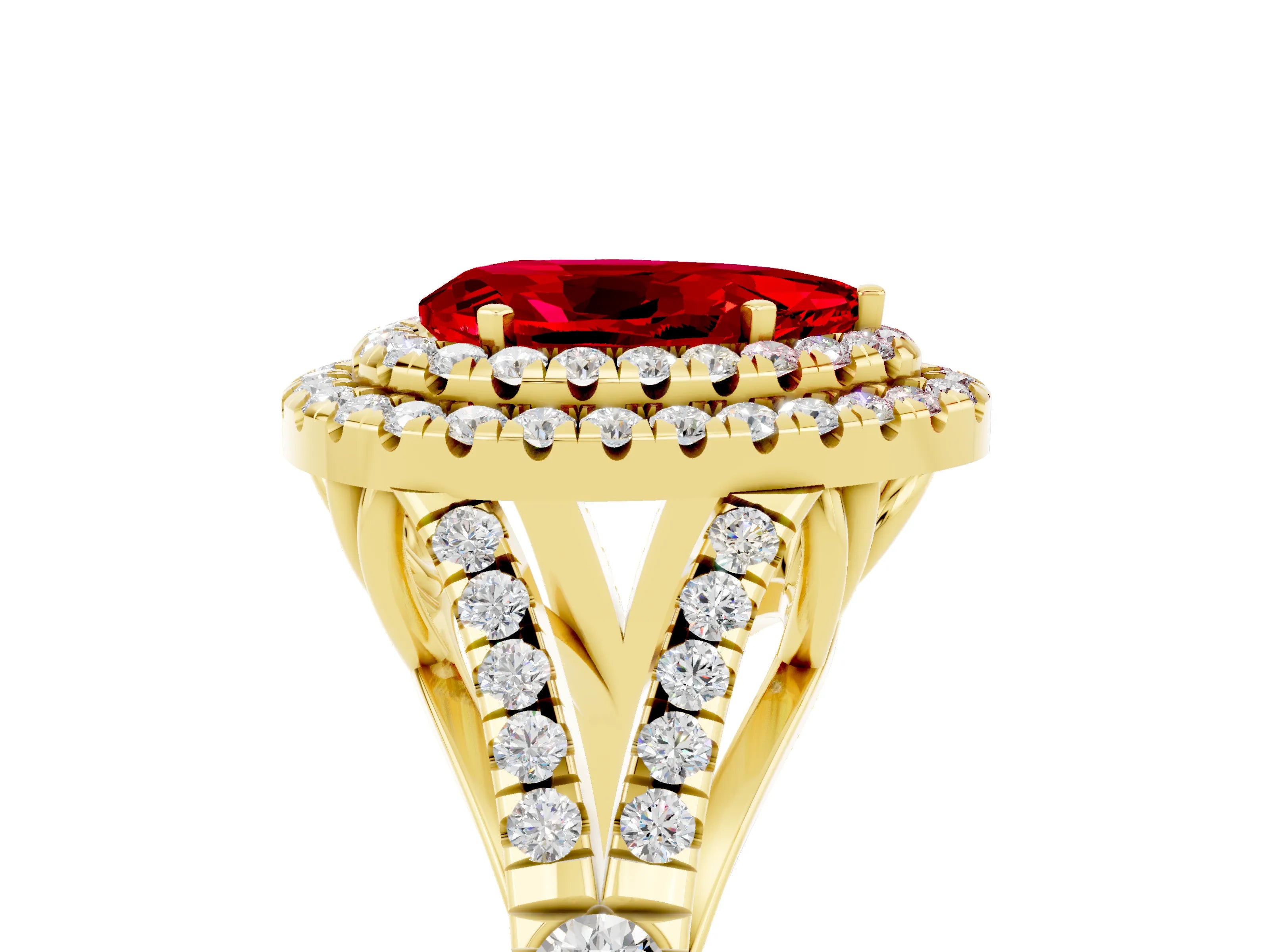 Yellow gold Pear Cut Ruby Pavé Split Shank Double Halo Engagement Ring_14