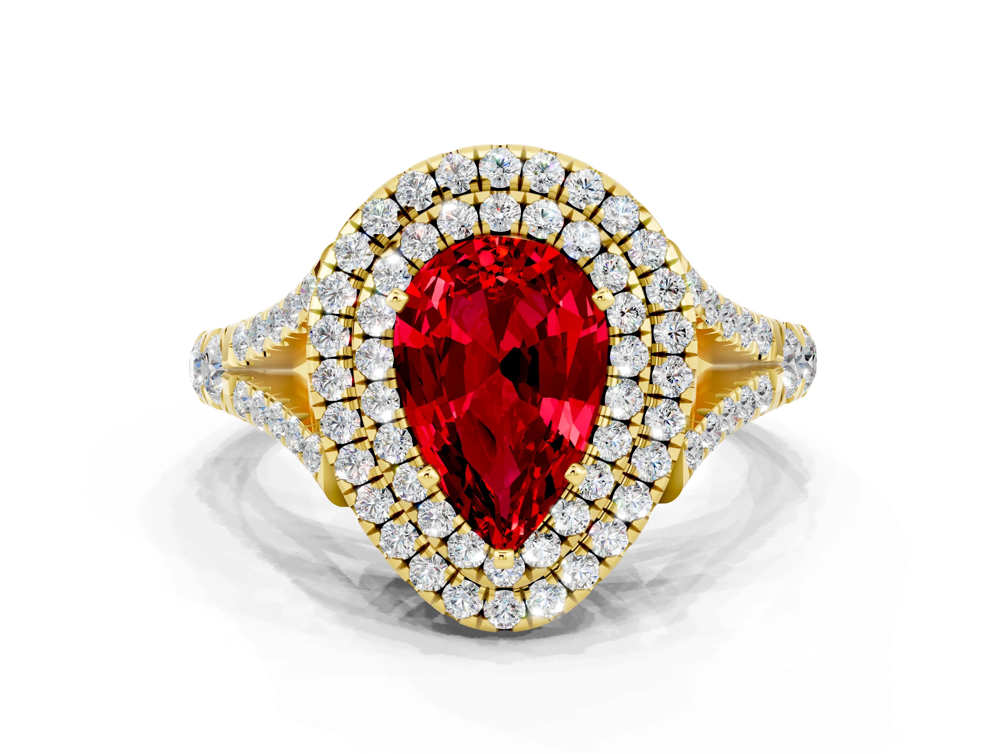 Yellow gold Pear Cut Ruby Pavé Split Shank Double Halo Engagement Ring_21