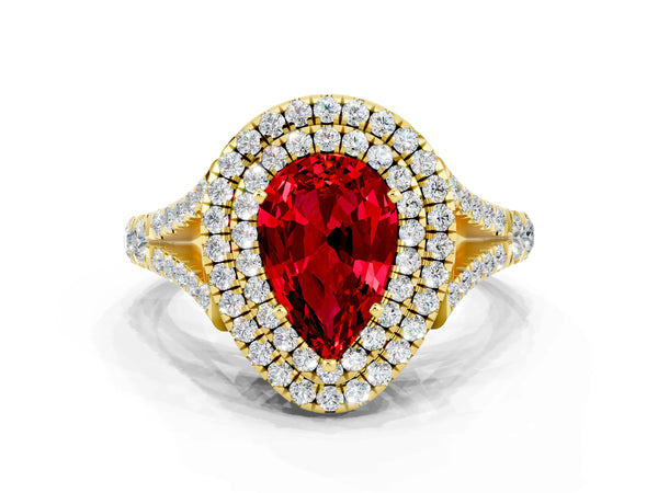 Yellow gold Pear Cut Ruby Pavé Split Shank Double Halo Engagement Ring