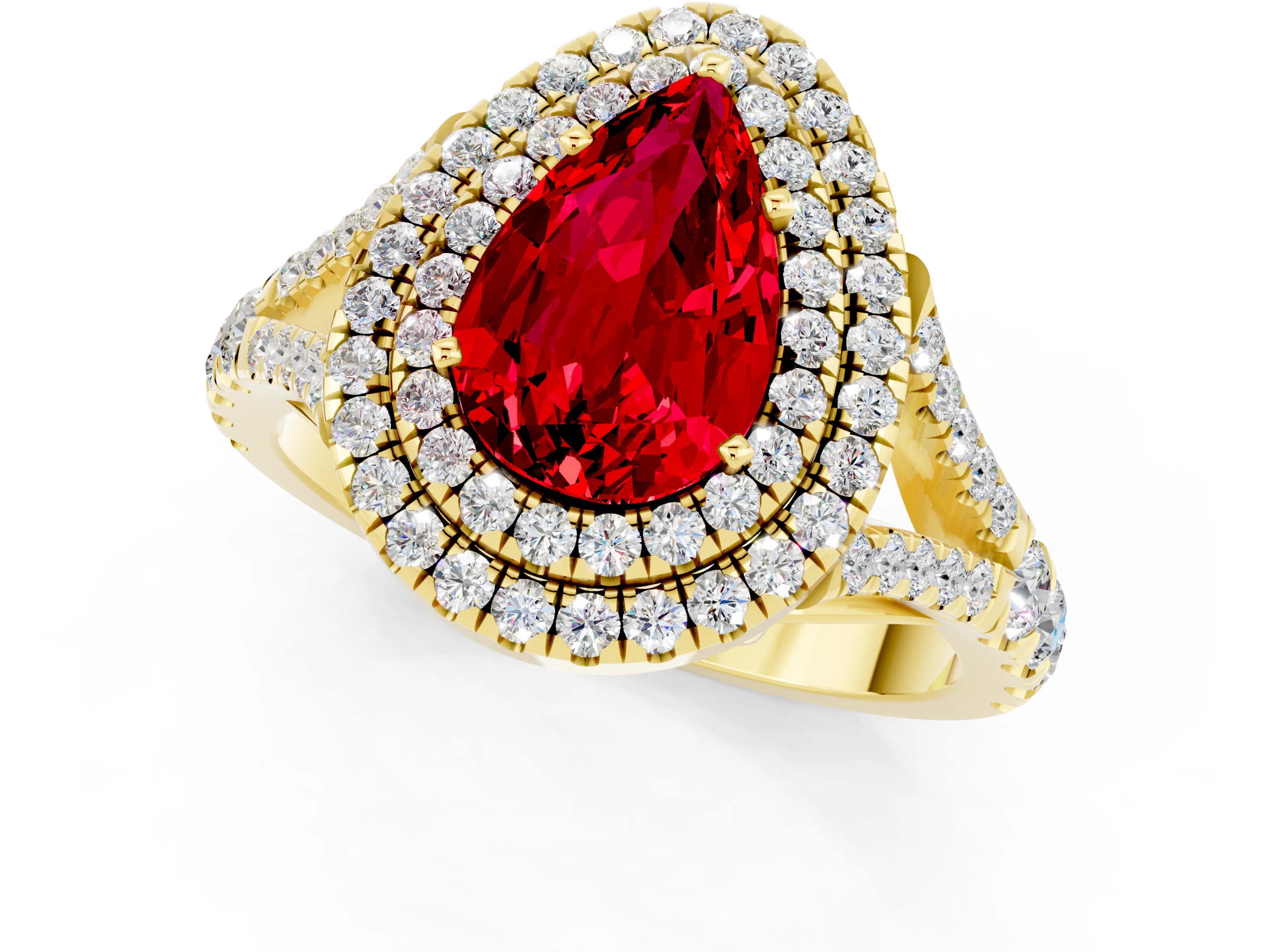 Yellow gold Pear Cut Ruby Pavé Split Shank Double Halo Engagement Ring_22