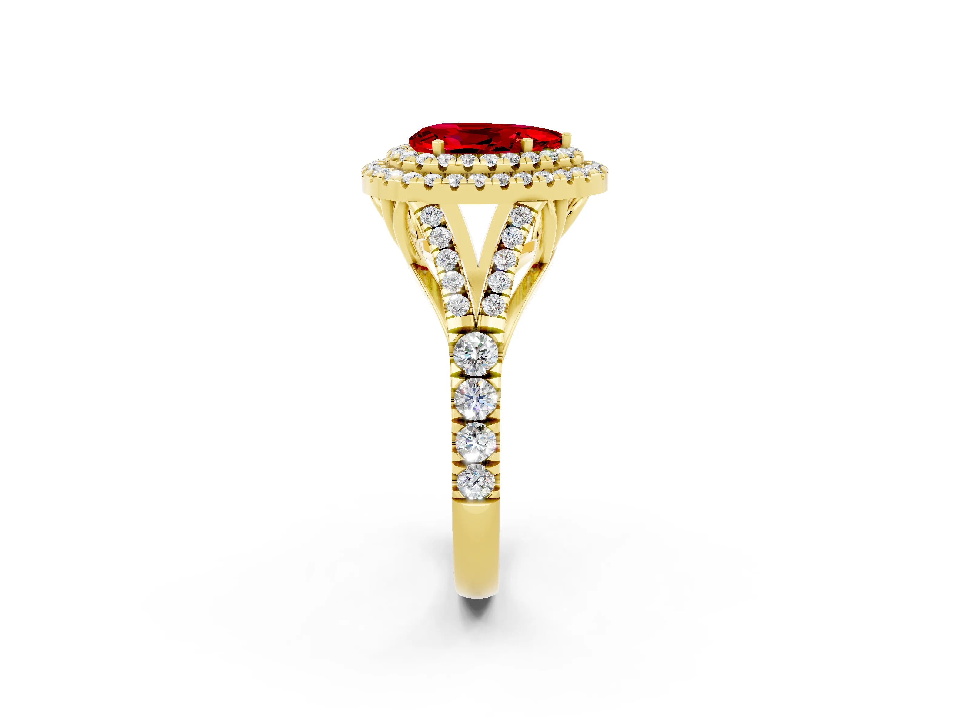 Yellow gold Pear Cut Ruby Pavé Split Shank Double Halo Engagement Ring_23