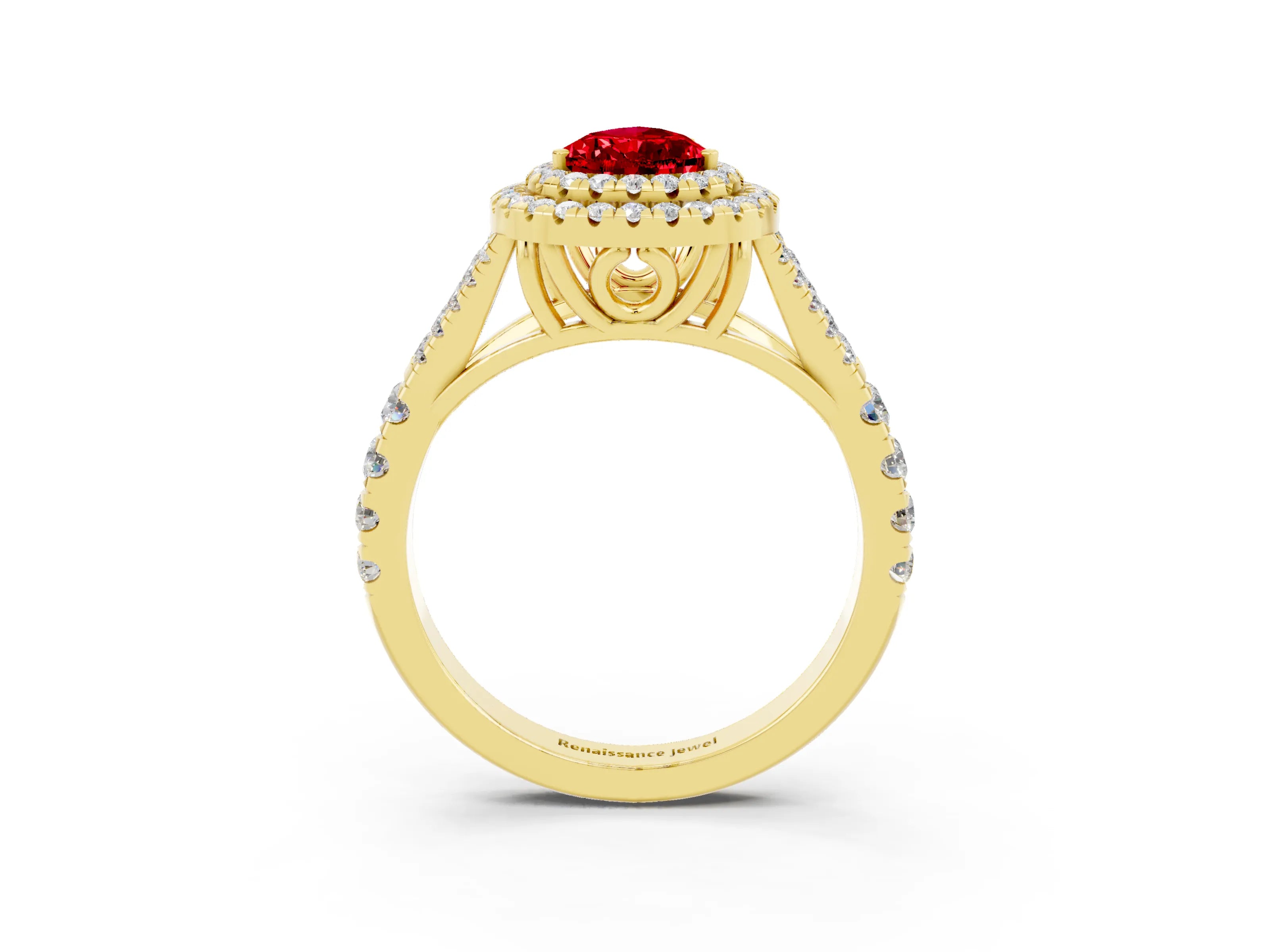 Yellow gold Pear Cut Ruby Pavé Split Shank Double Halo Engagement Ring_3