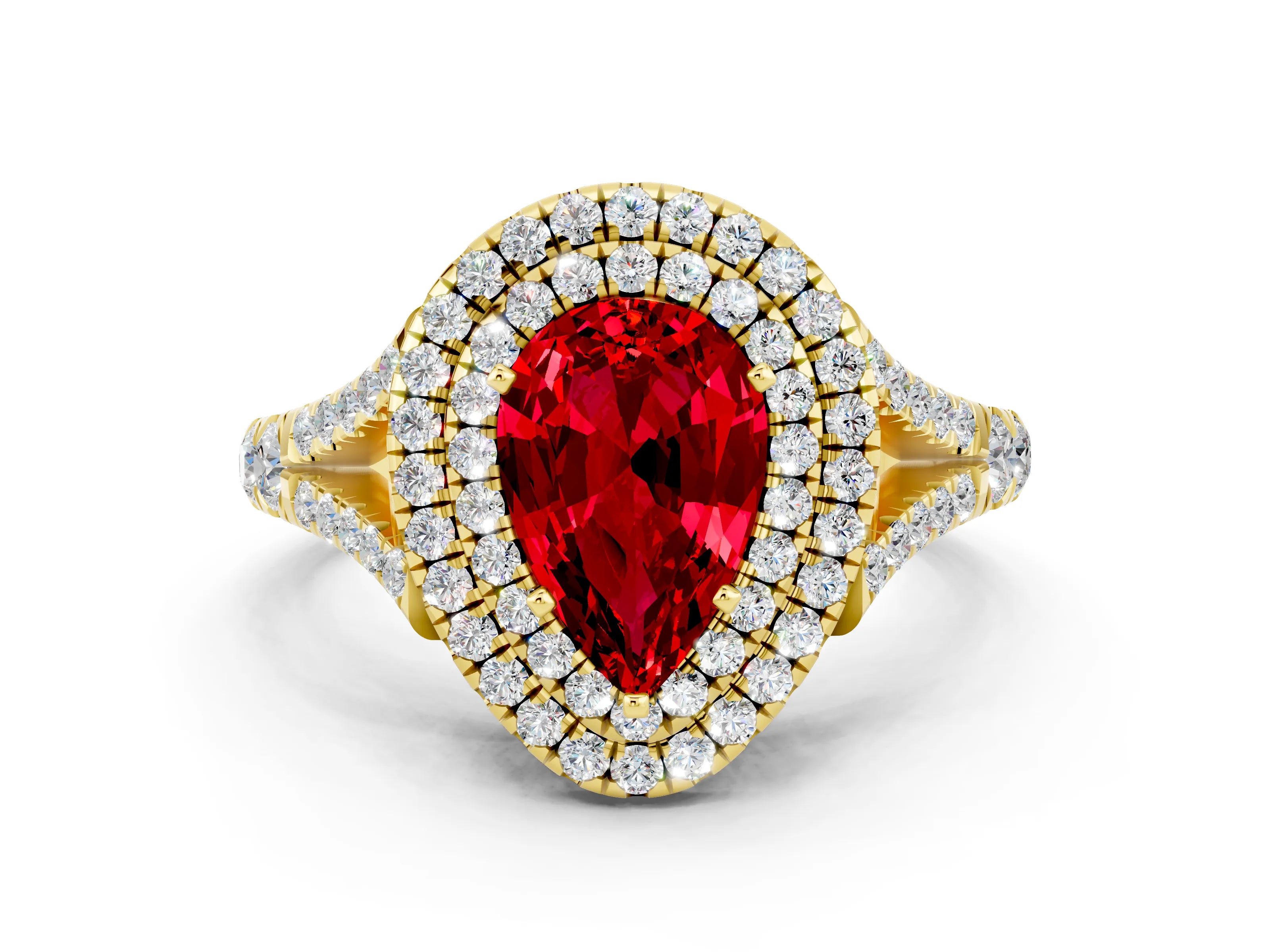 Yellow gold Pear Cut Ruby Pavé Split Shank Double Halo Engagement Ring_9