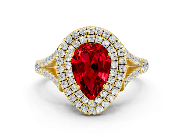 Yellow gold Pear Cut Ruby Pavé Split Shank Double Halo Engagement Ring