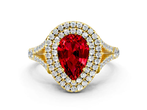 Yellow gold Pear Cut Ruby Pavé Split Shank Double Halo Engagement Ring_9