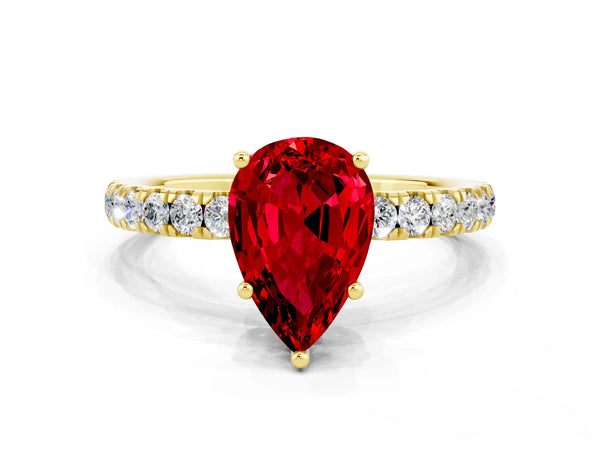 Yellow gold Pear Cut Ruby Pave Band Solitaire Ring with Round  and Prong Setting