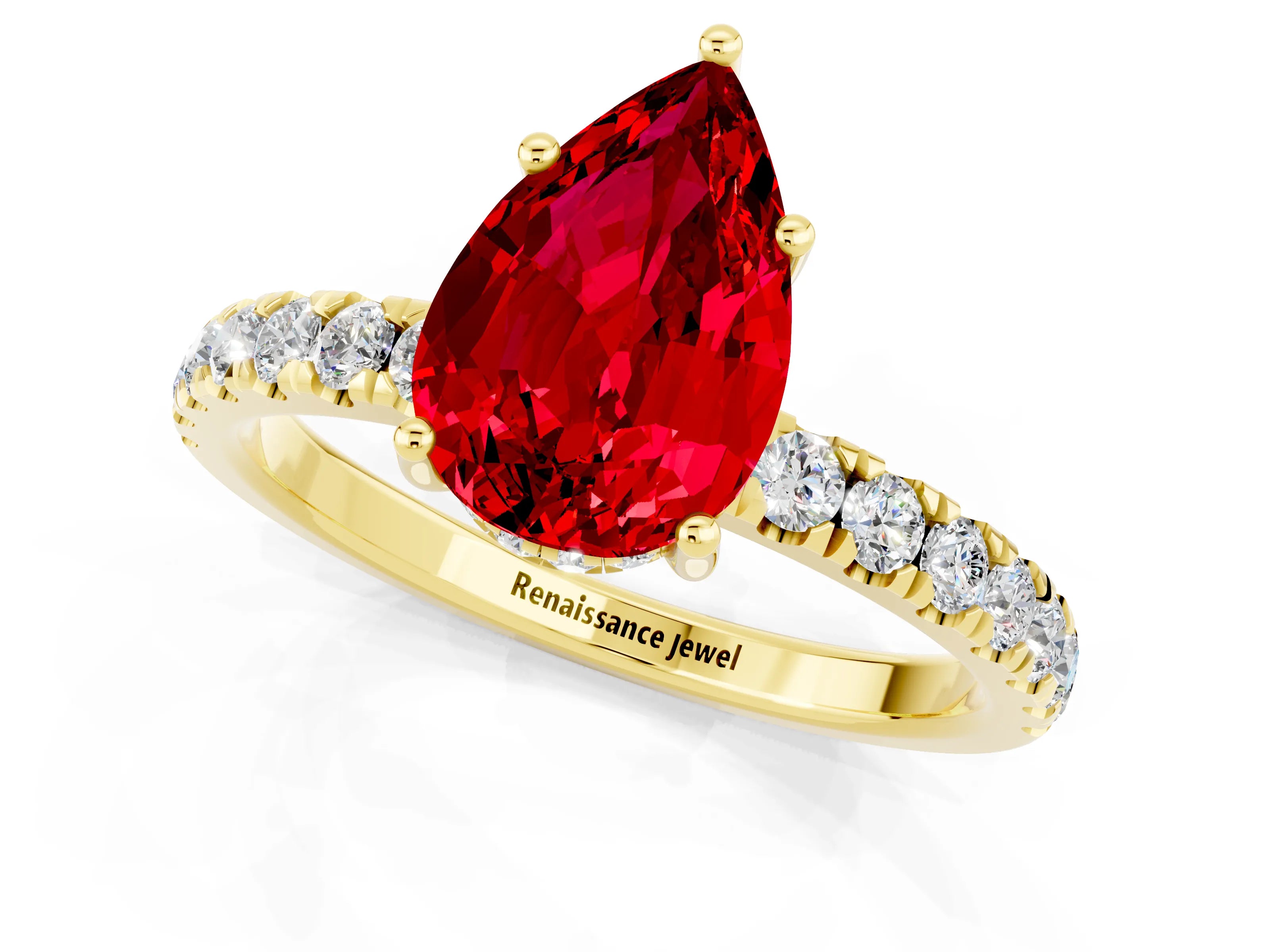 Yellow gold Pear Cut Ruby Pave Band Solitaire Ring with Four-Prong Setting_13