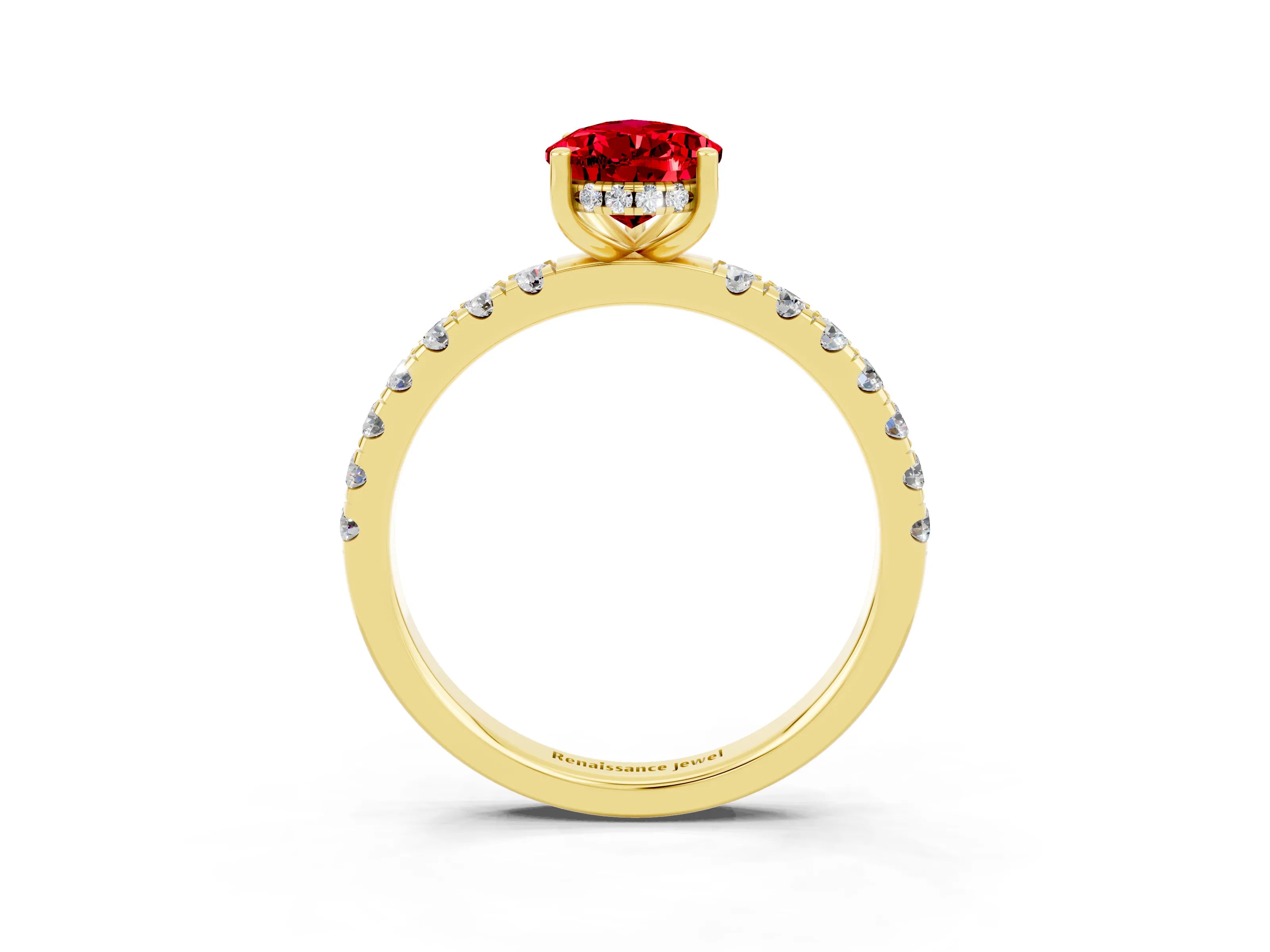 Yellow gold Pear Cut Ruby Pave Band Solitaire Ring with Four-Prong Setting_15