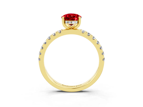 Yellow gold Pear Cut Ruby Pave Band Solitaire Ring with Round  and Prong Setting