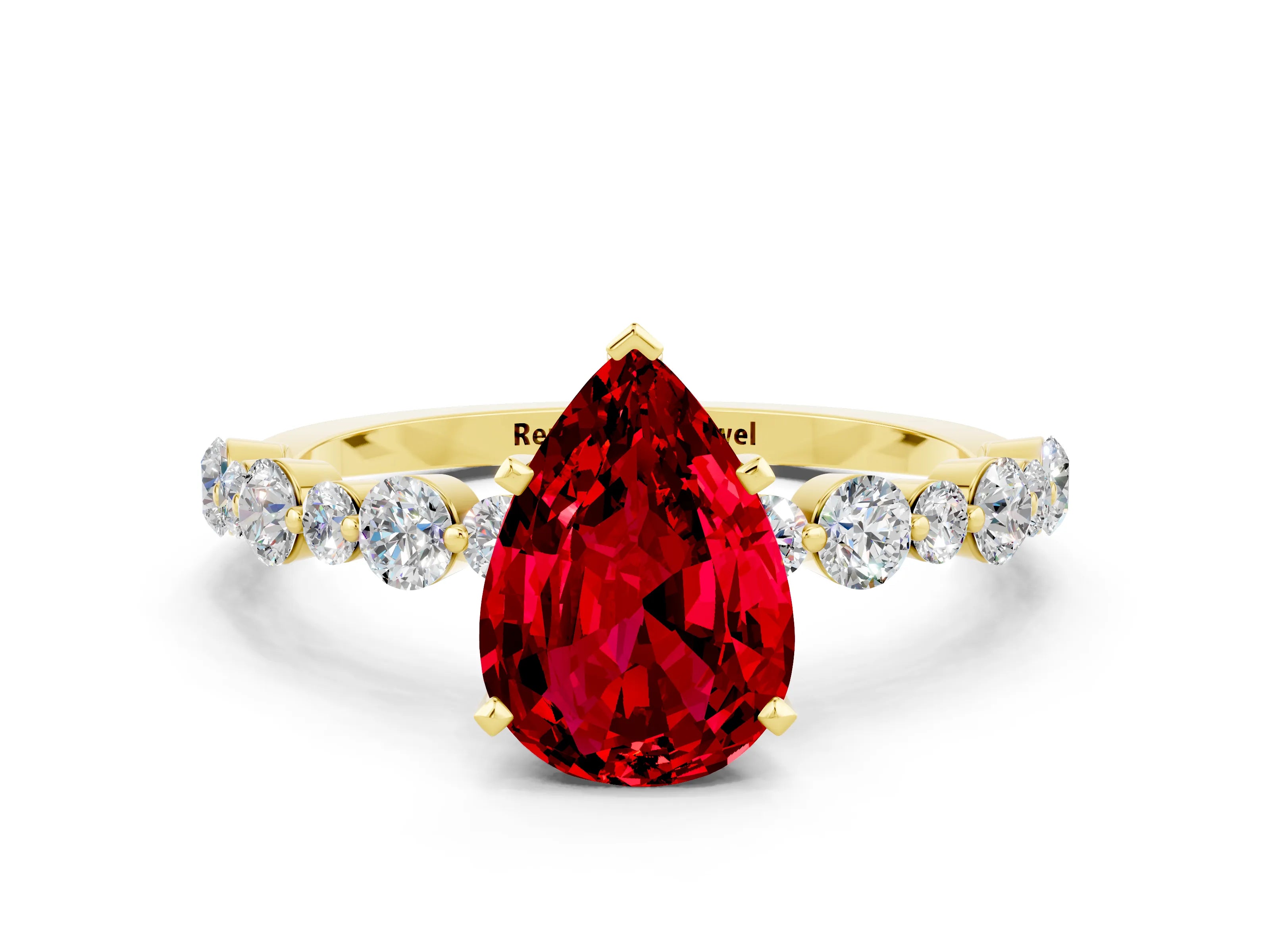 Yellow gold Pear Cut Ruby Prong Set Engagement Ring with Pavé Band