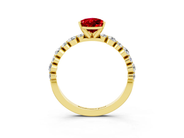 Yellow gold Pear Cut Ruby Prong Set Engagement Ring with Pavé Band