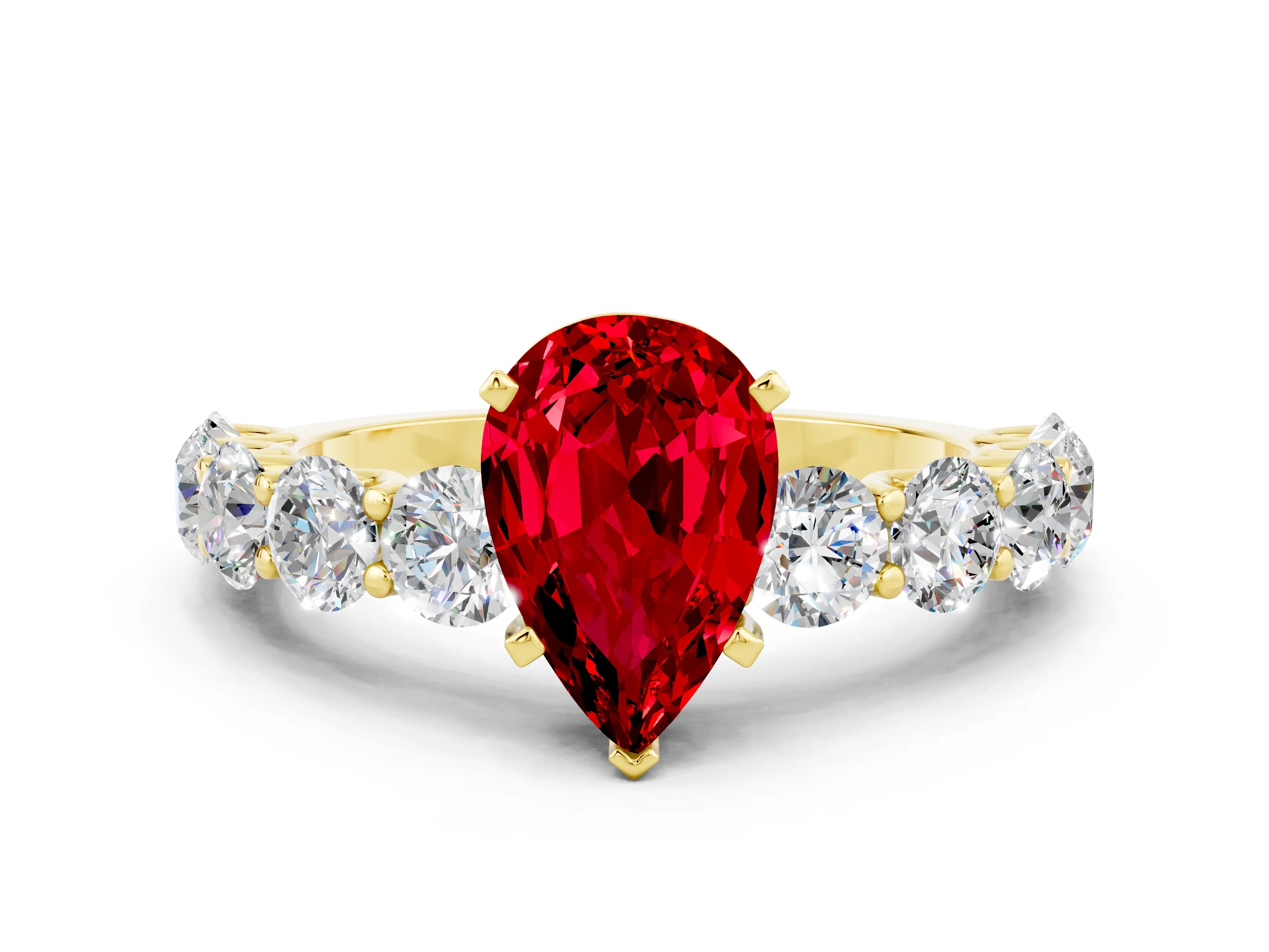Yellow gold Pear Cut Ruby Prong Setting with Side Stones on a Pave Band