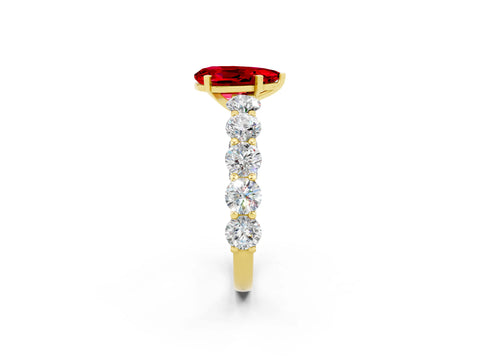 Yellow gold Pear Cut Ruby Prong Setting with Side Stones on a Pave Band_2