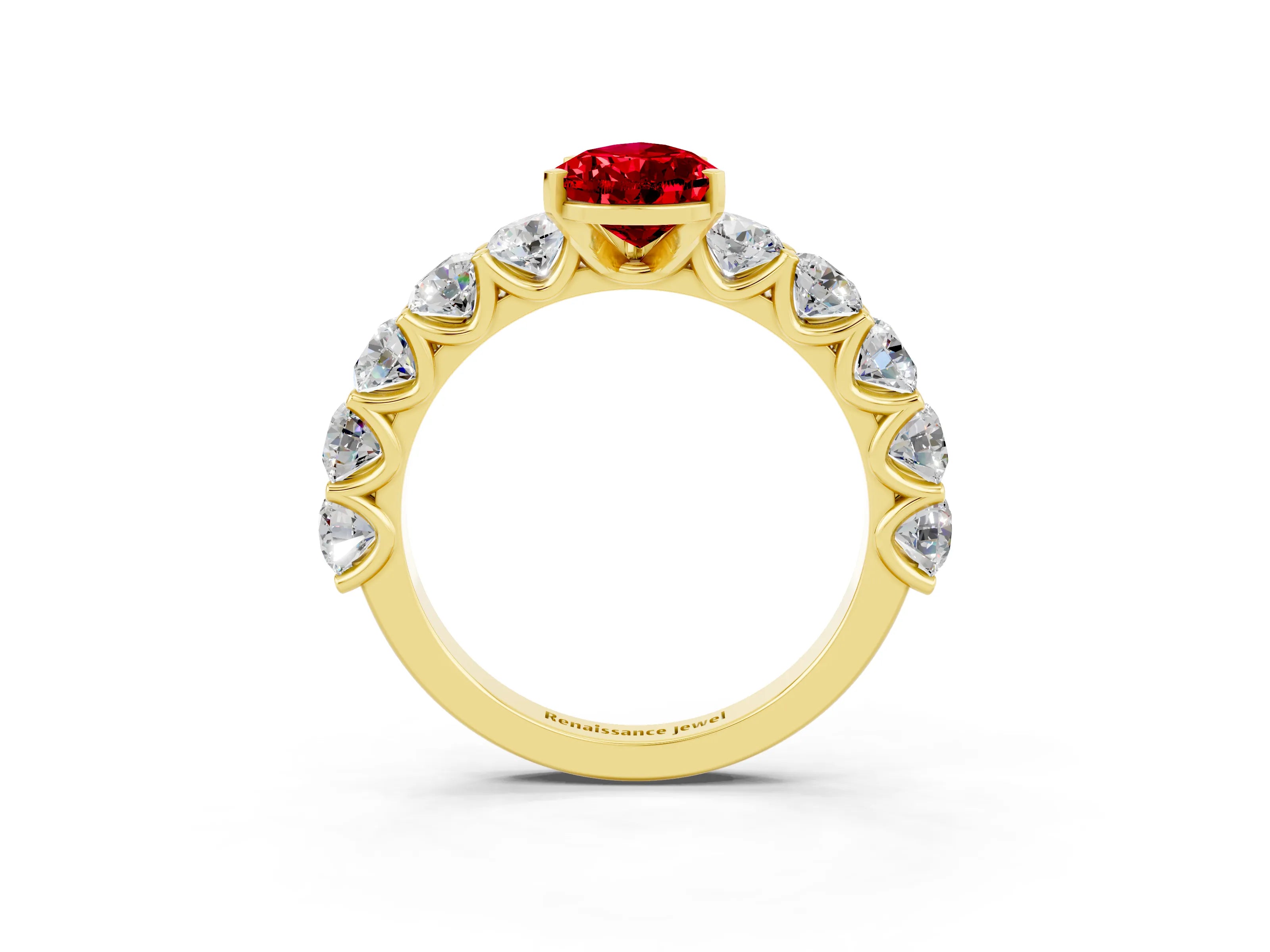 Yellow gold Pear Cut Ruby Prong Setting with Side Stones on a Pave Band_3