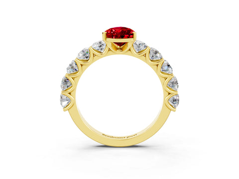Yellow gold Pear Cut Ruby Prong Setting with Side Stones on a Pave Band_3