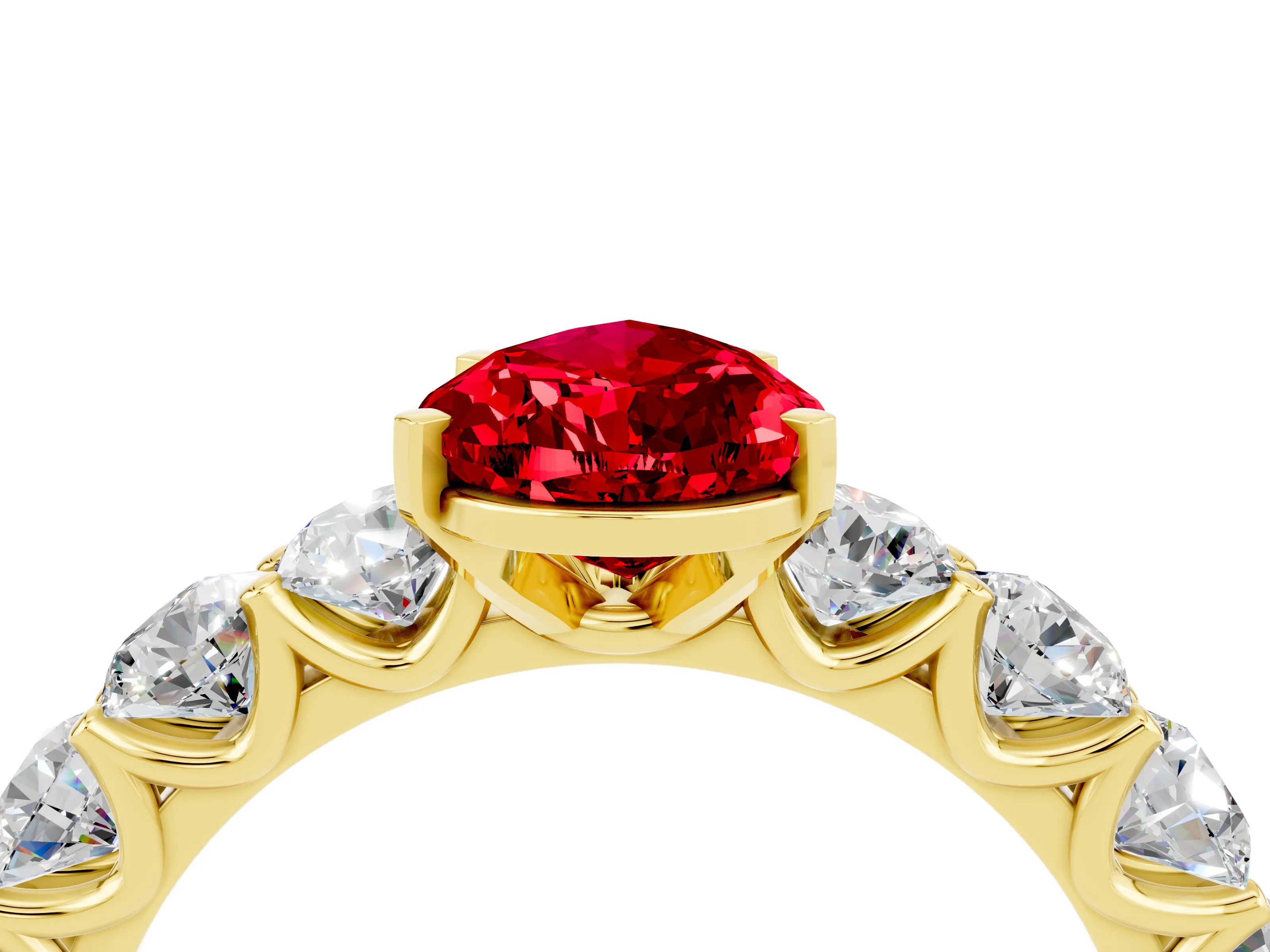 Yellow gold Pear Cut Ruby Prong Setting with Side Stones on a Pave Band_4
