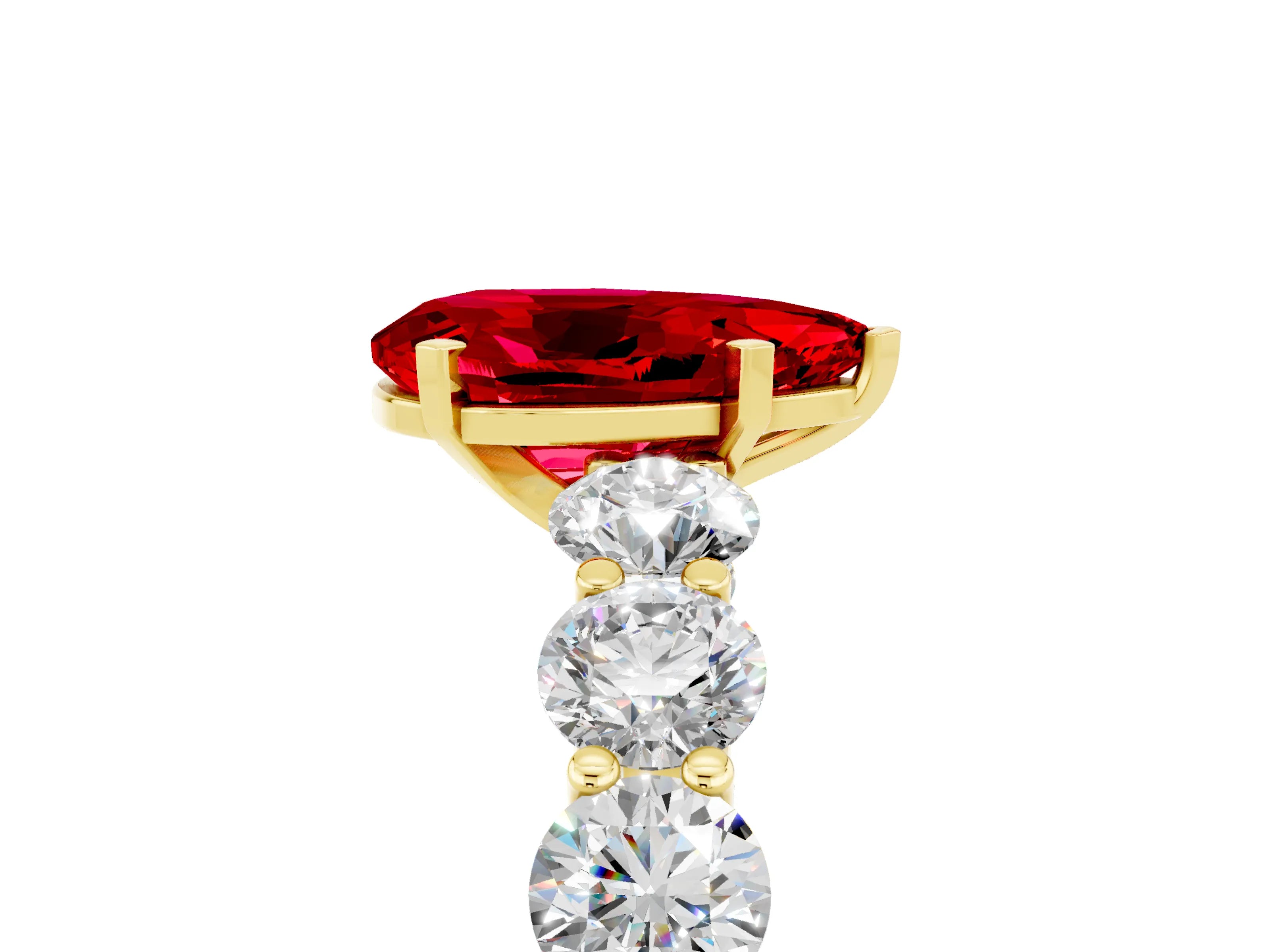 Yellow gold Pear Cut Ruby Prong Setting with Side Stones on a Pave Band_5