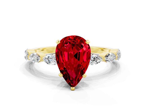 Yellow gold Pear Cut Ruby Ring with Marquise Side Stones and Prong Setting