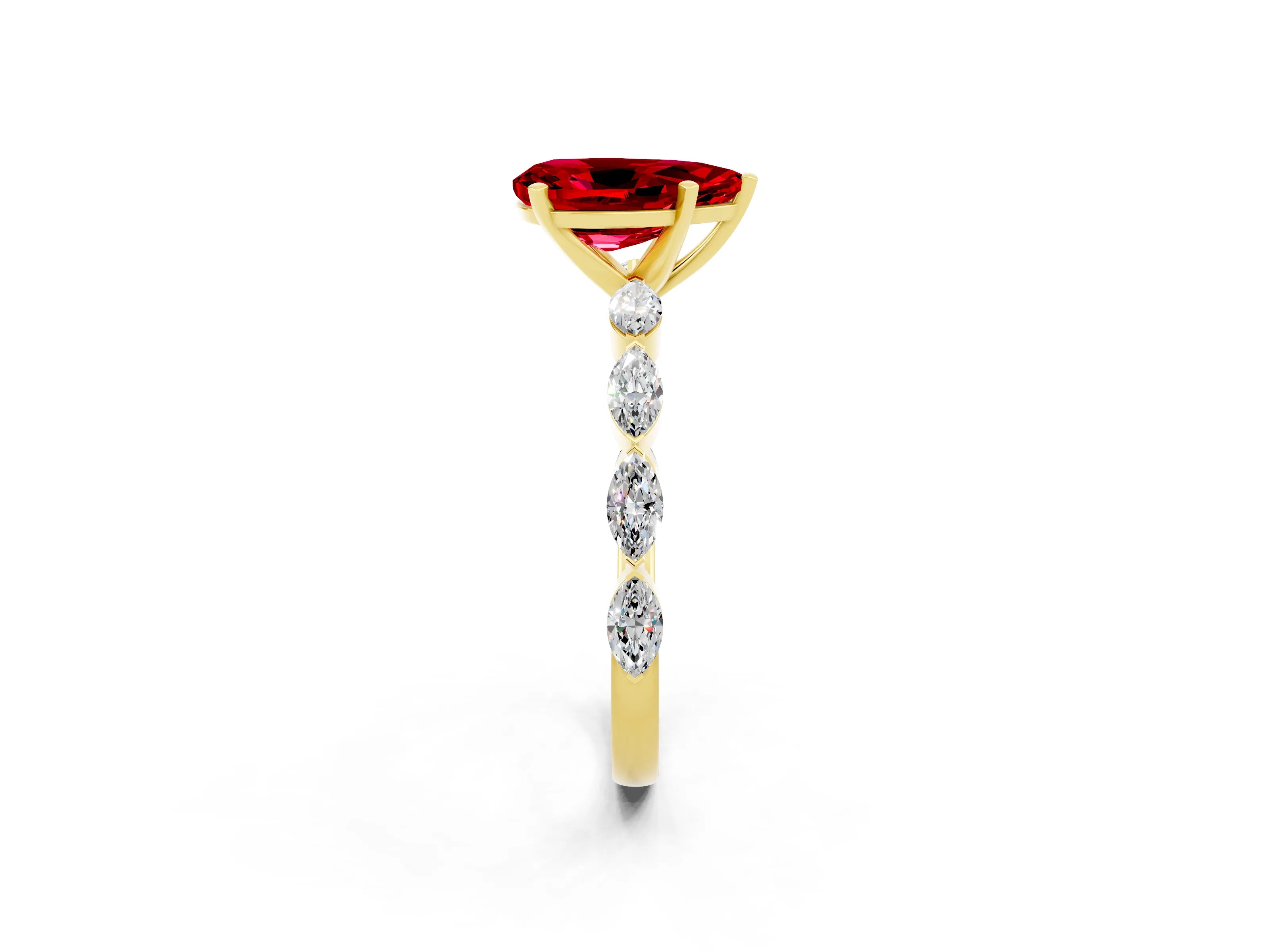 Yellow gold Pear Cut Ruby Ring with Marquise Side Stones and Prong Setting_2