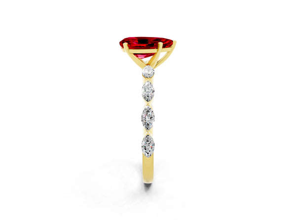Yellow gold Pear Cut Ruby Ring with Marquise Side Stones and Prong Setting