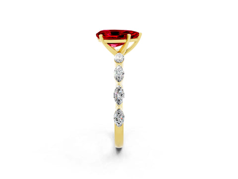 Yellow gold Pear Cut Ruby Ring with Marquise Side Stones and Prong Setting_2