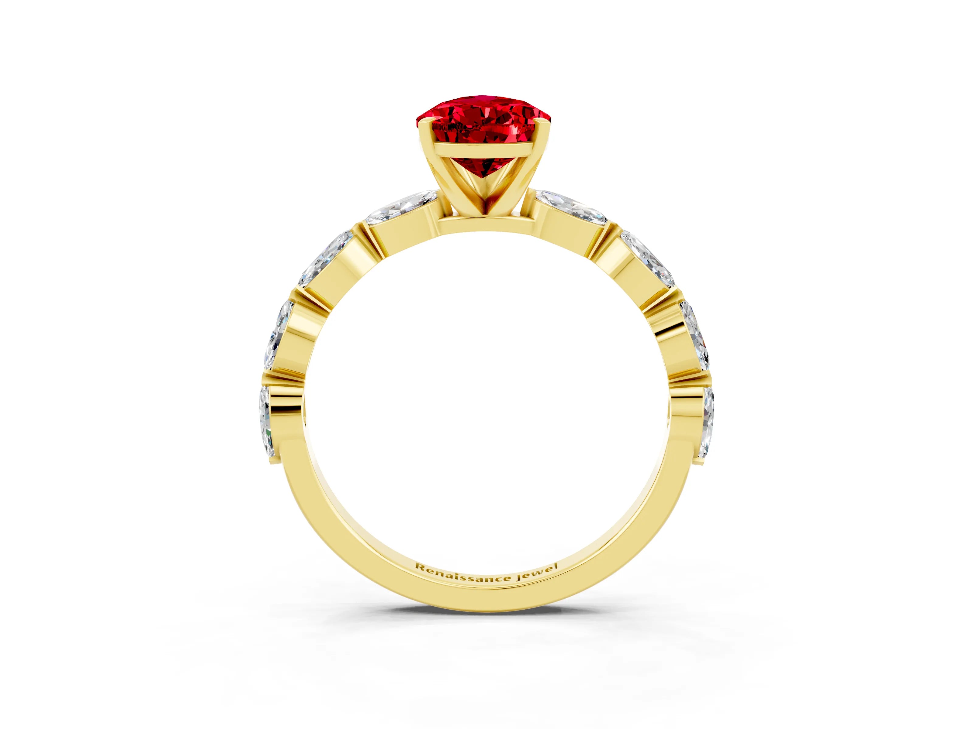 Yellow gold Pear Cut Ruby Ring with Marquise Side Stones and Prong Setting_3