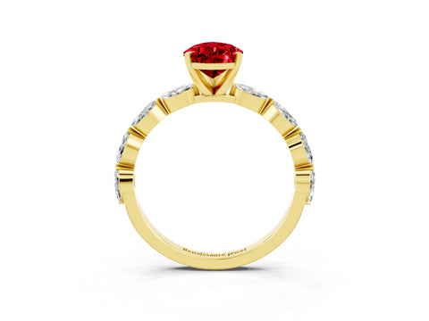 Yellow gold Pear Cut Ruby Ring with Marquise Side Stones and Prong Setting_3