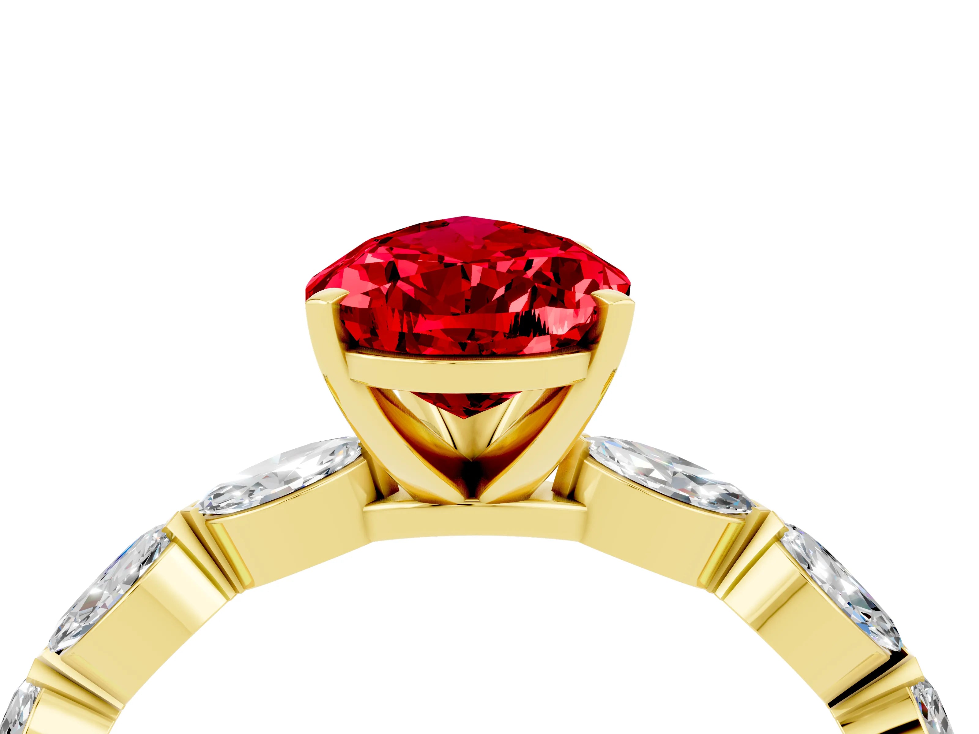 Yellow gold Pear Cut Ruby Ring with Marquise Side Stones and Prong Setting_4