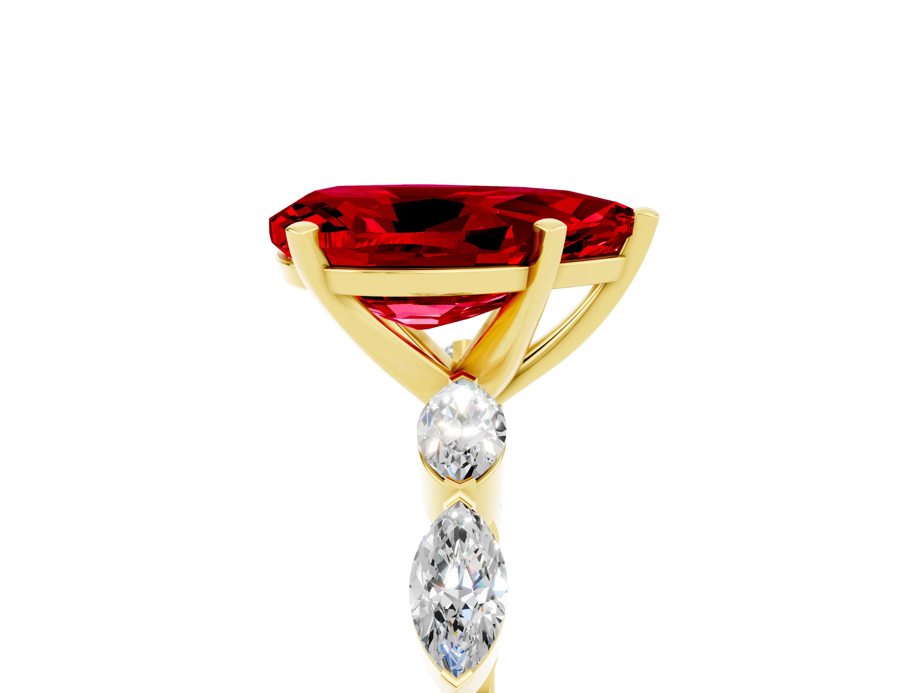 Yellow gold Pear Cut Ruby Ring with Marquise Side Stones and Prong Setting_5