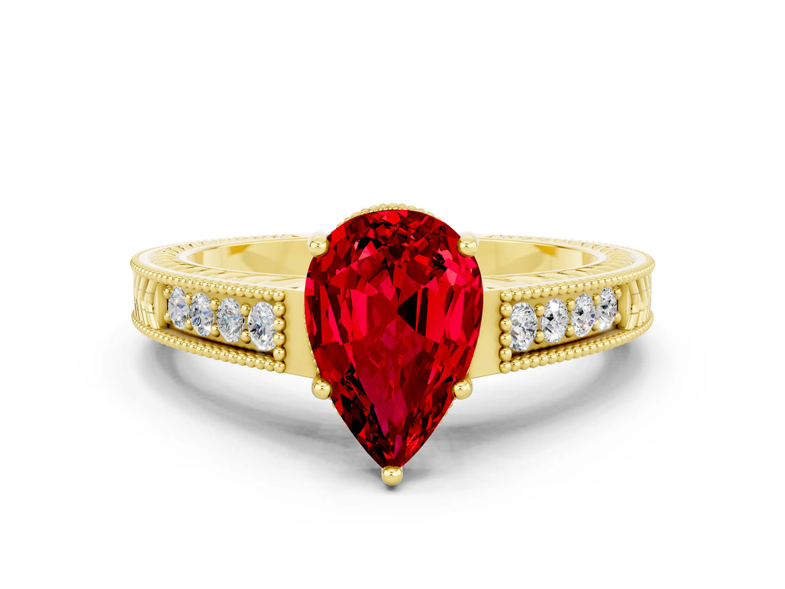 Yellow gold Pear Cut Ruby Ring with Milgrain Pavé Band and Four-Prong Setting_12