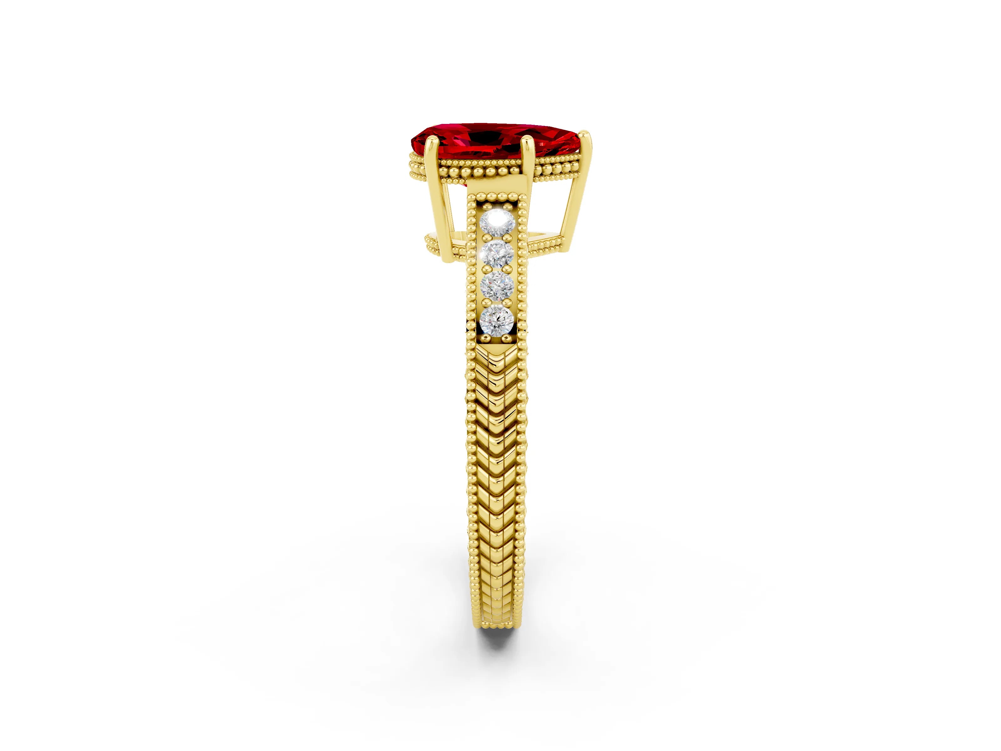 Yellow gold Pear Cut Ruby Ring with Milgrain Pavé Band and Four-Prong Setting_14