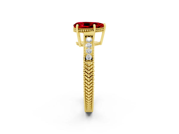 Yellow gold Pear Cut Ruby Ring with Milgrain Pavé Band and Four-Prong Setting
