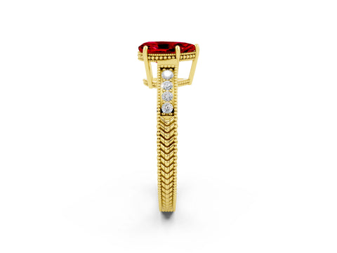 Yellow gold Pear Cut Ruby Ring with Milgrain Pavé Band and Four-Prong Setting_14