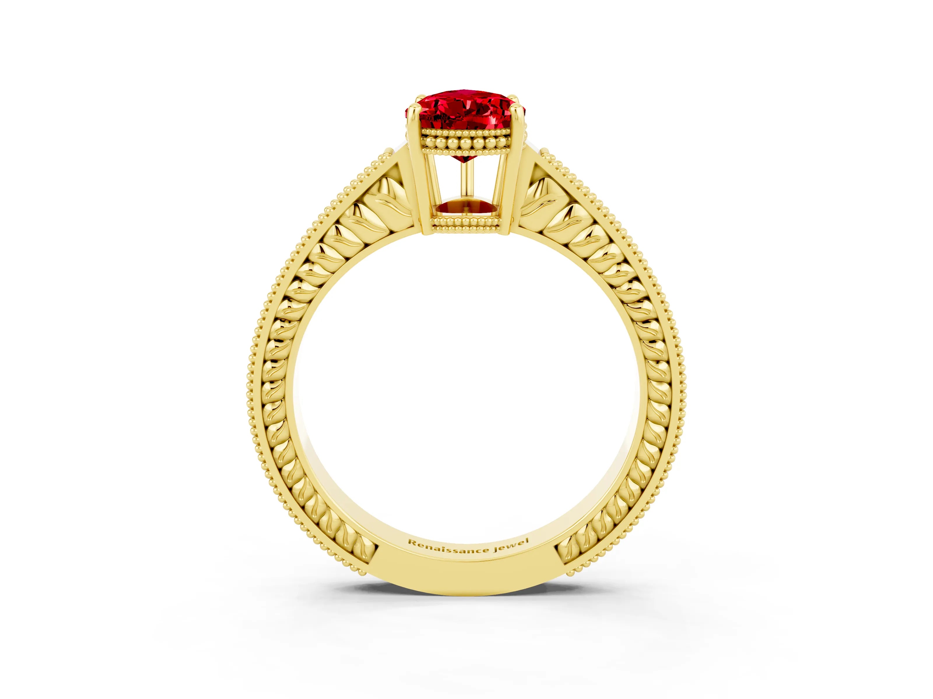 Yellow gold Pear Cut Ruby Ring with Milgrain Pavé Band and Four-Prong Setting_15