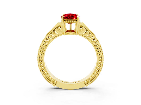 Yellow gold Pear Cut Ruby Ring with Milgrain Pavé Band and Four-Prong Setting