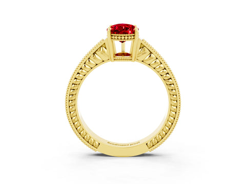 Yellow gold Pear Cut Ruby Ring with Milgrain Pavé Band and Four-Prong Setting_15