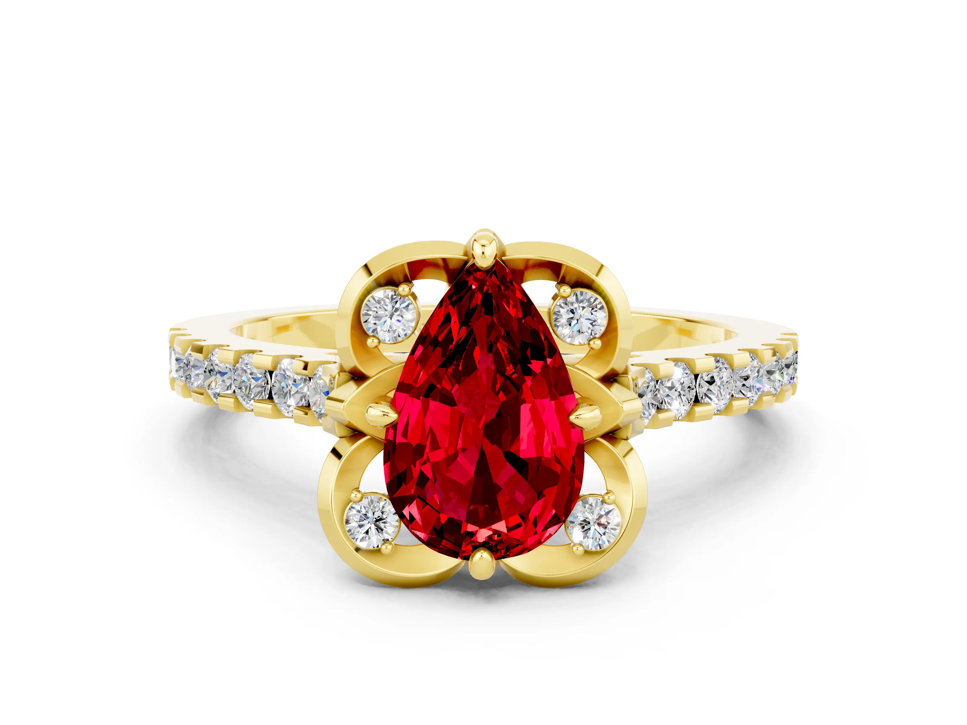 Yellow gold Pear Cut Ruby Ring with Pavé Band and Floral Prong Setting