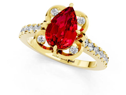 Yellow gold Pear Cut Ruby Ring with Pavé Band and Floral Prong Setting_1