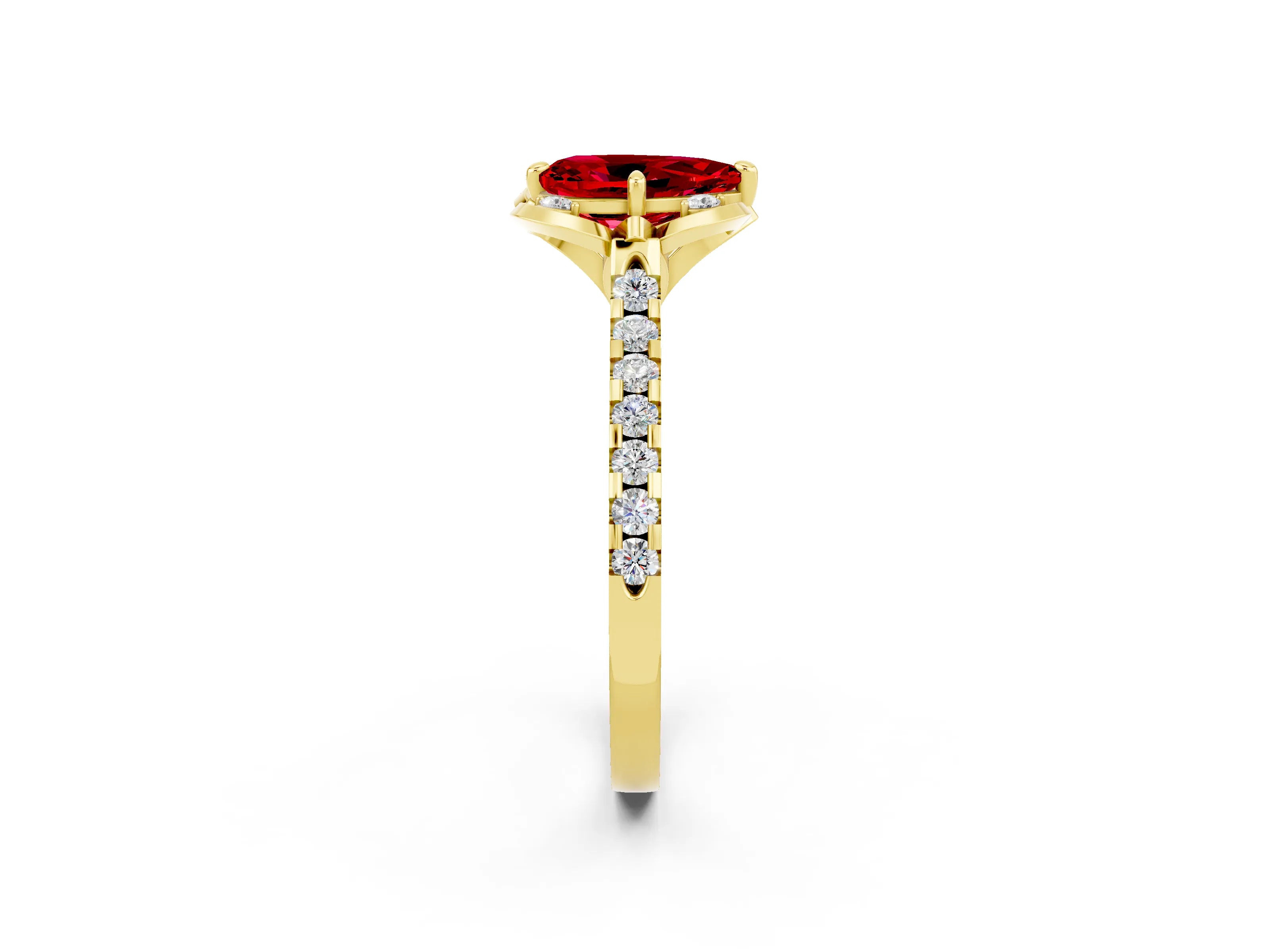 Yellow gold Pear Cut Ruby Ring with Pavé Band and Floral Prong Setting_2