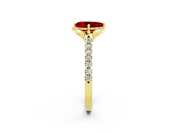 Yellow gold Pear Cut Ruby Ring with Pavé Band and Floral Prong Setting